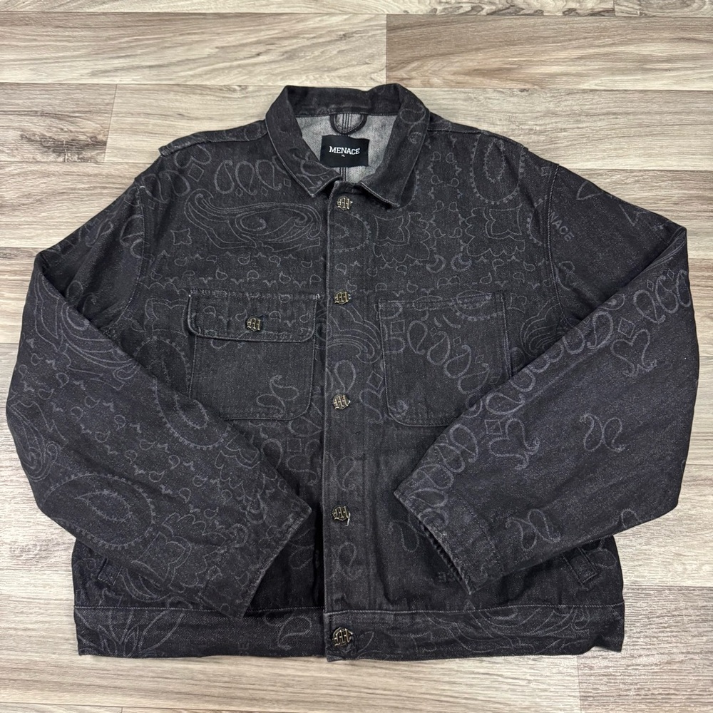 Menace Los Angeles Laser Engraved Paisley Denim Jacket Size XL
